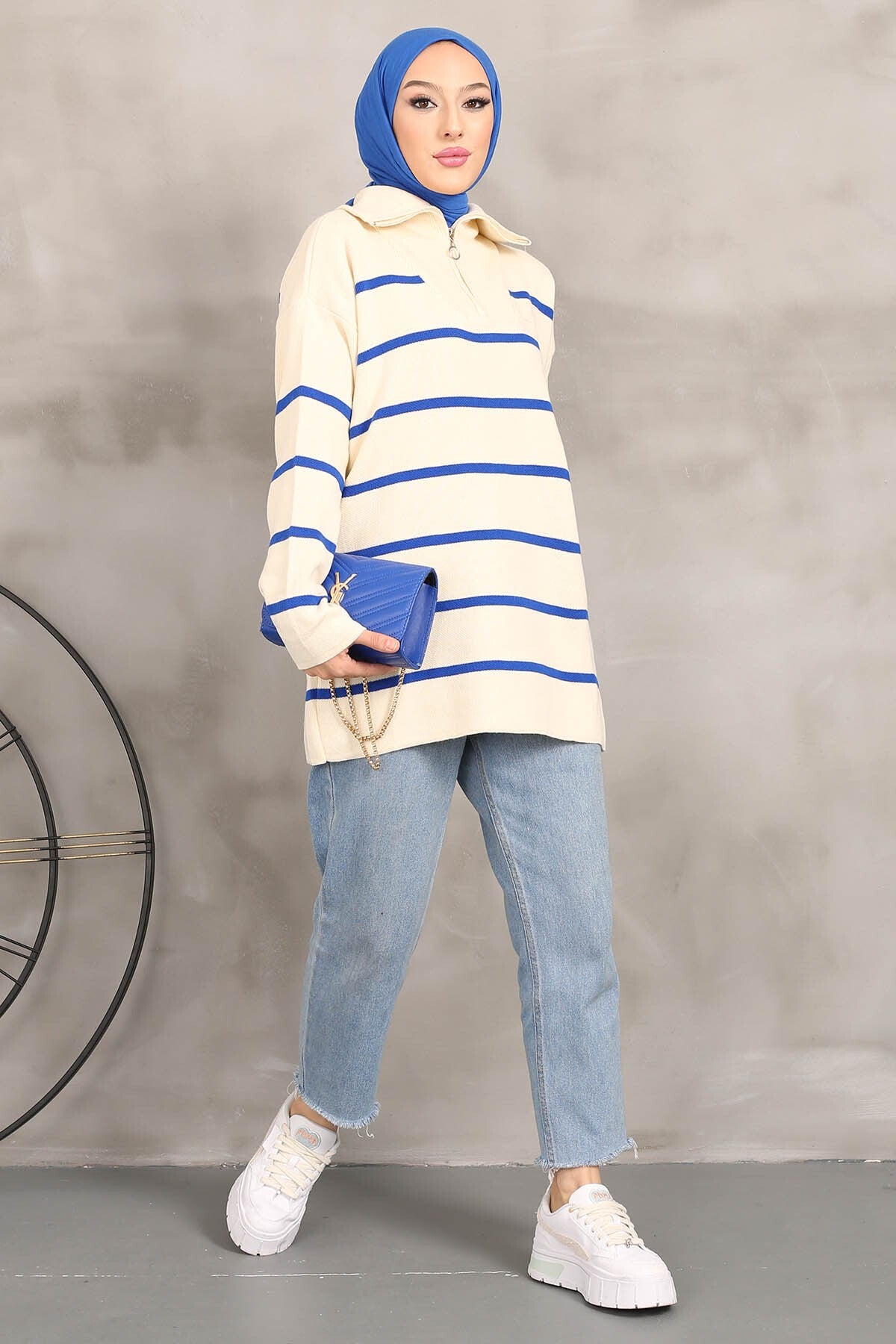 Green Collar Zipper Striped Knitwear Tunic Imj002233