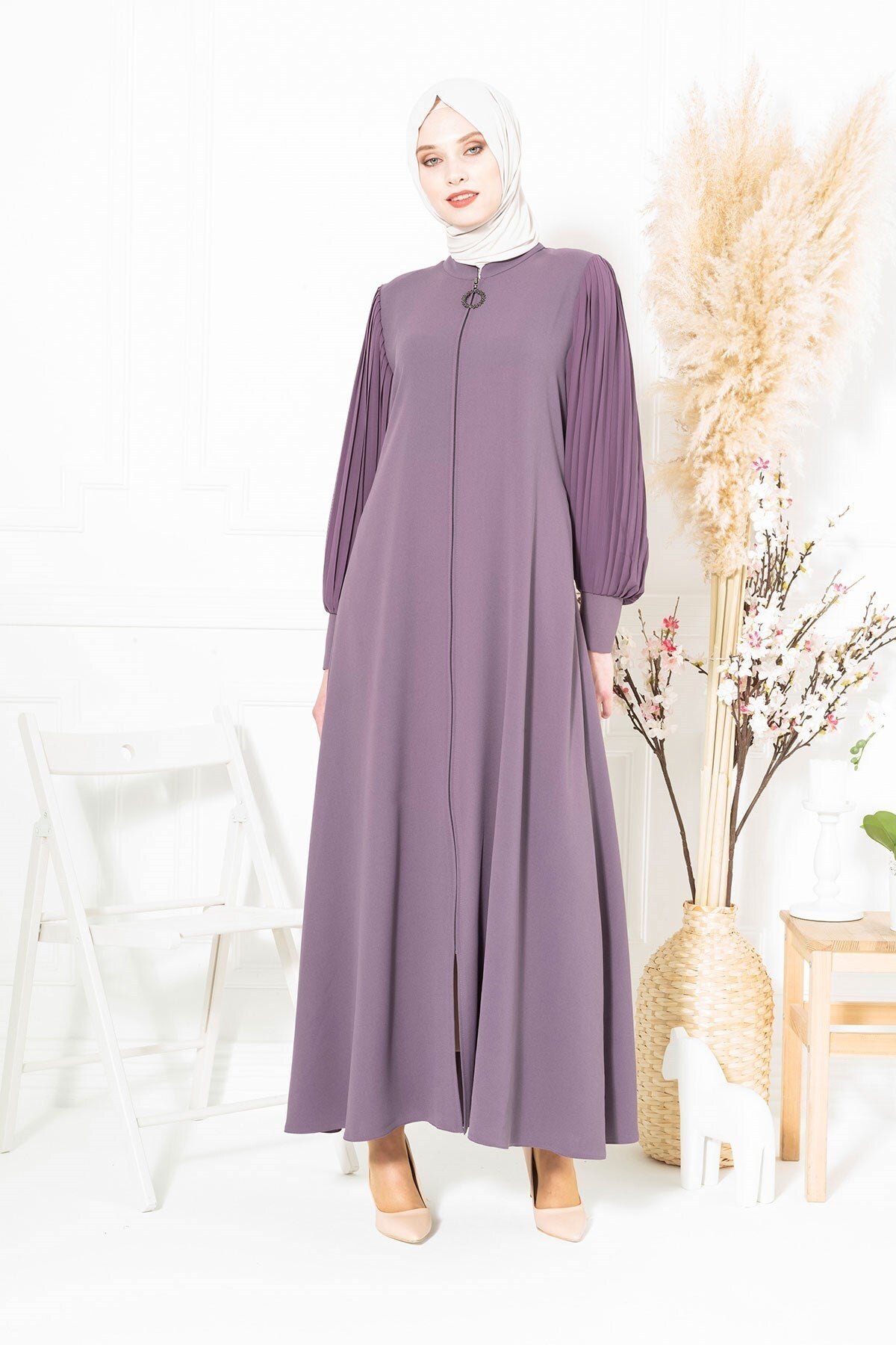 Pineapple Sleeves Pleated Detailed Zipper Lilac Abaya 3453 T22fr3m3453