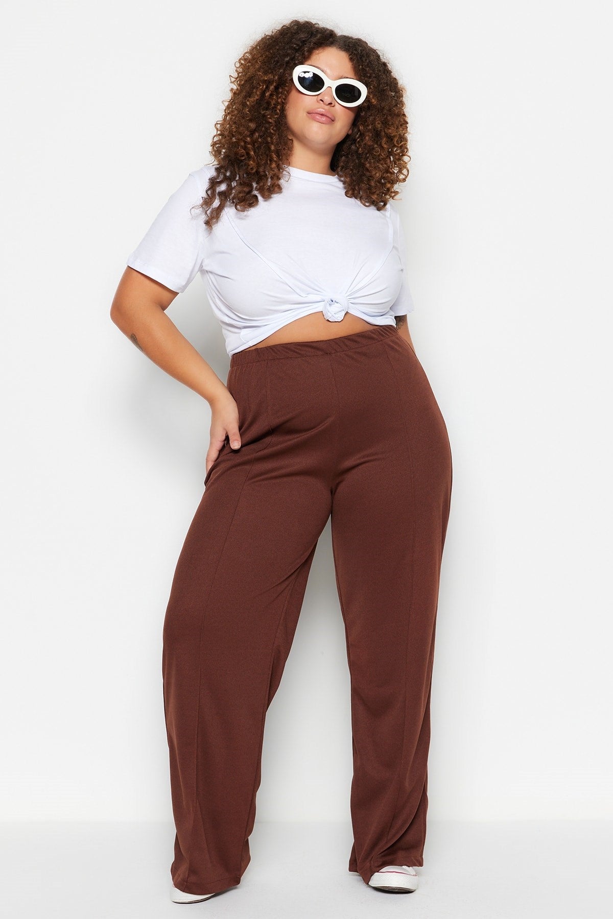 Brown Wide Cut Knitted Crepe High Waist Ribbed Pants Tbbss23ar00021