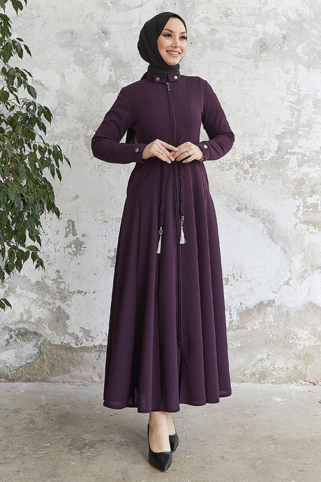 Velvet Collar Button Belt Knitted Abaya - Plum Ms00tz7001