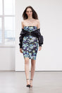 Limited Edition Blue Flower Printed Mini Strapless Collar Flexible Knitted Pencil Dress Twoss24el005