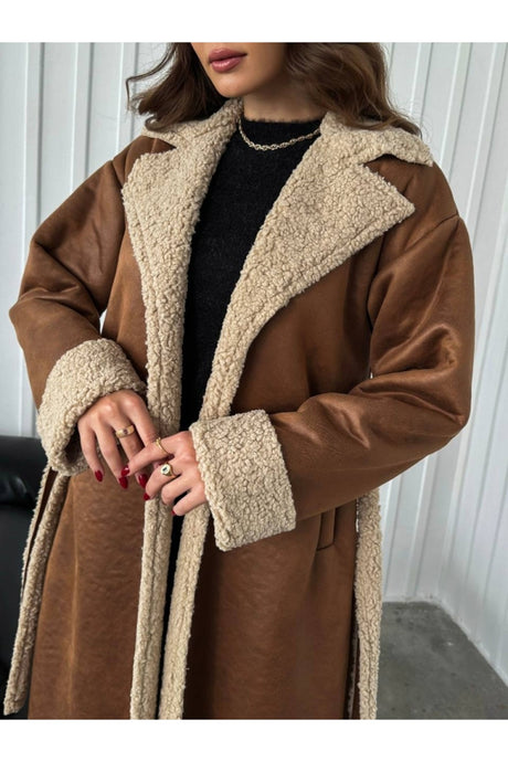 Long Coat With Brown Fur Belt 20099