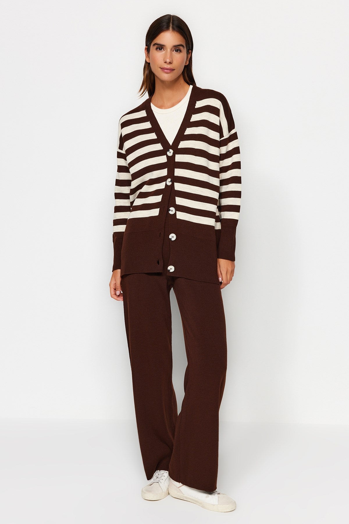 Beige Button Detailed Jacquard Striped Cardigan Pants Knitwear Bottom-top Suit Tctaw24us00054