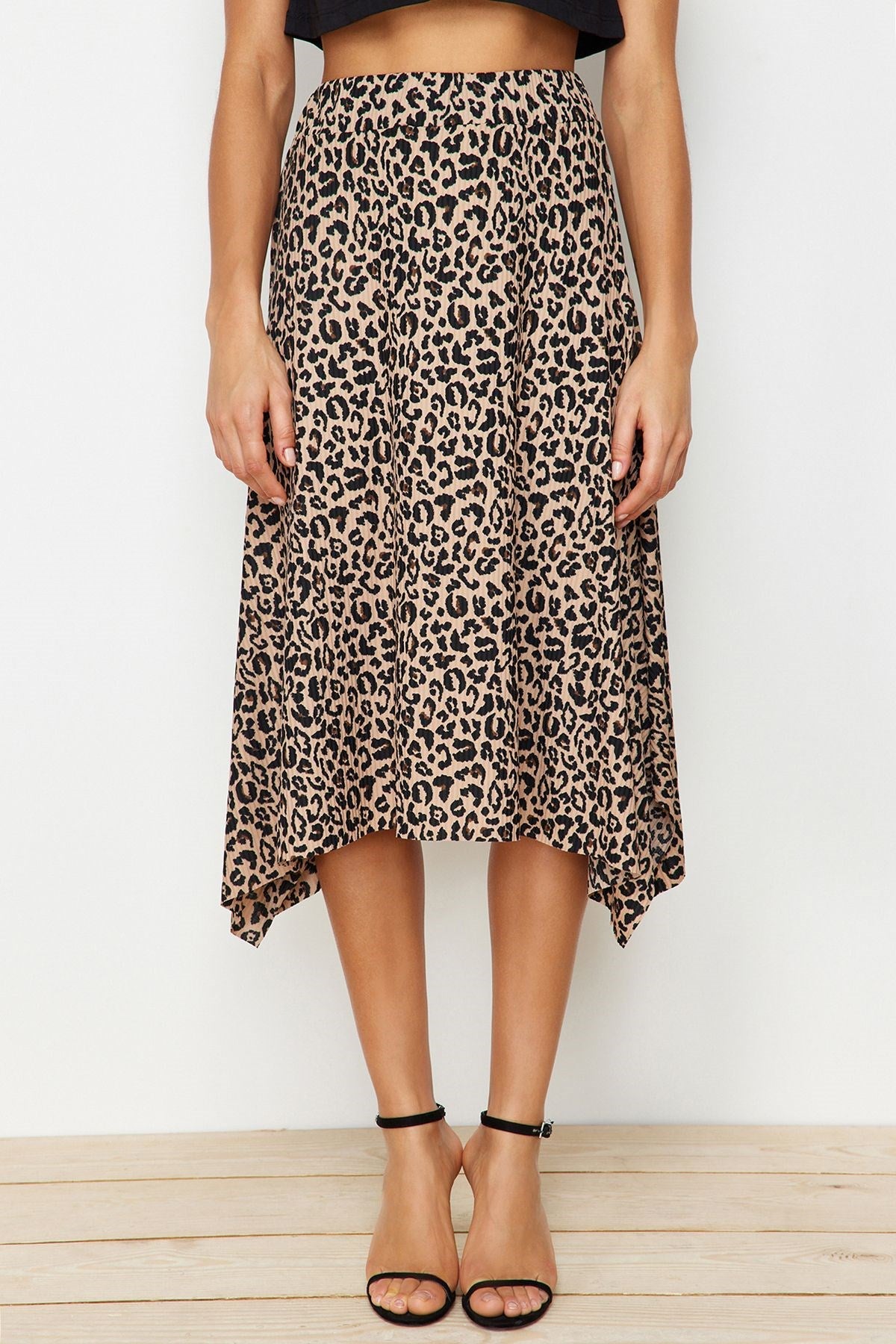 Brown Leopard Print Ruffled Asymmetrical Midi Flexible Knit Skirt Twoaw20et0440