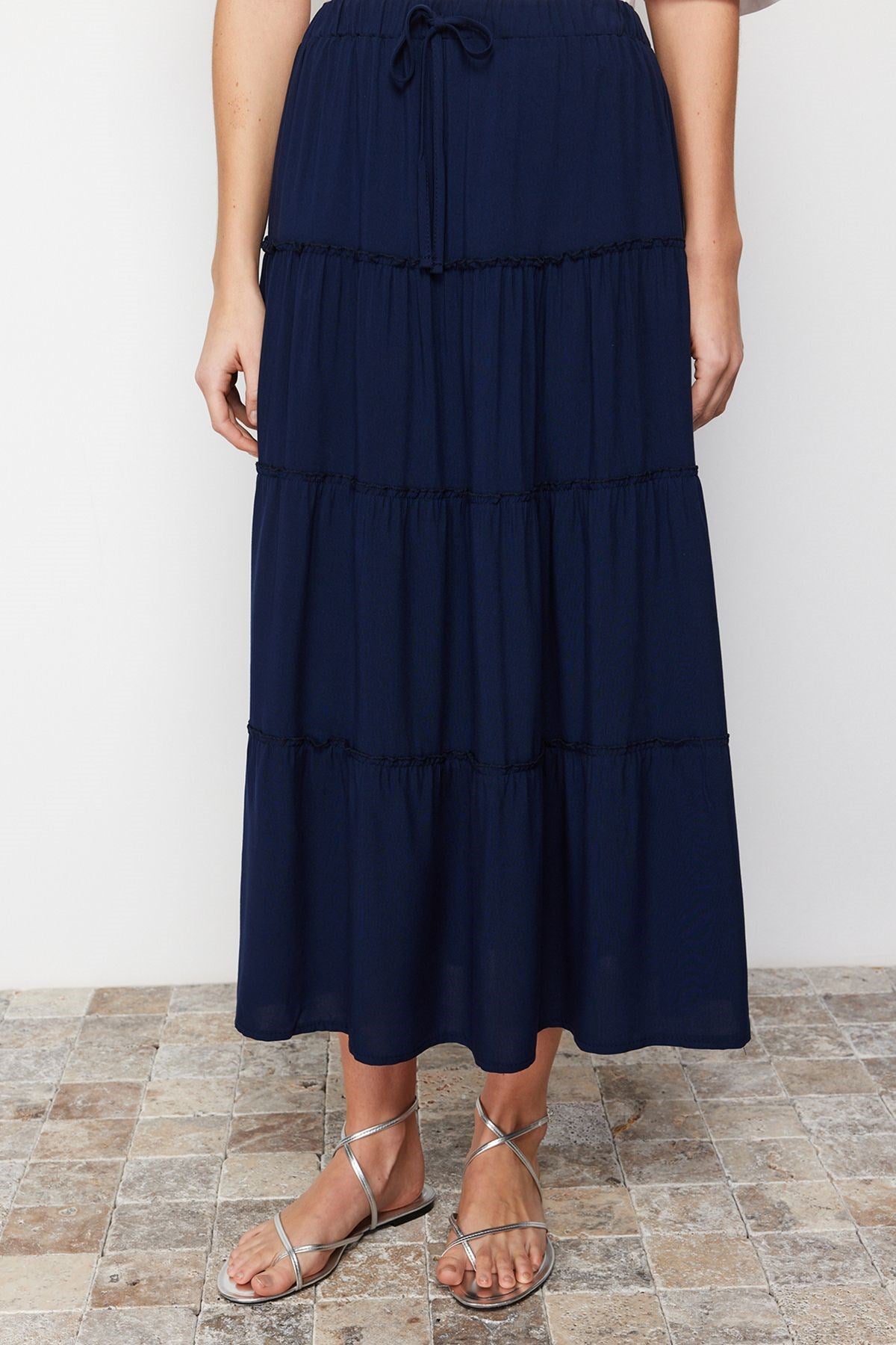 Navy Blue Waist Ruffle Detail Flared Maxi Length Woven Skirt Twoss24et00098