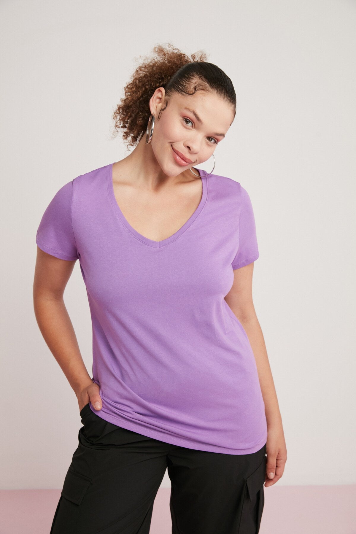 Loren Women Plus Size Cotton Elastane Regular Fit V Neck Half Sleeve Tshirt Loren01072023