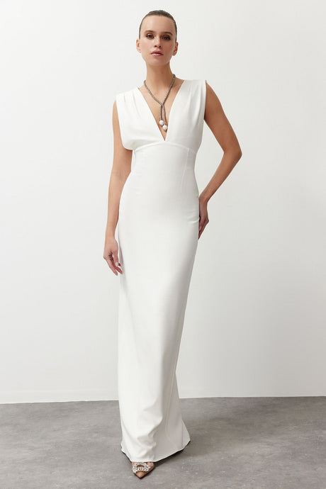 White Deep V Neck Woven Long Elegant Evening Dress Tprss24ae00147