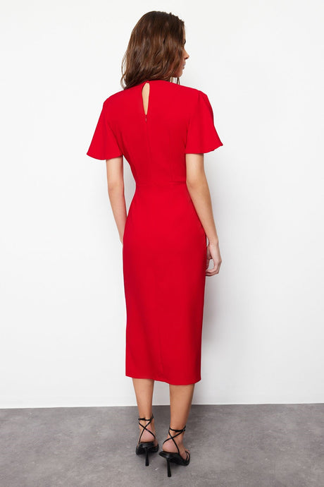 Red Straight Cut Ruffle Midi Woven Dress Twoss24el00713