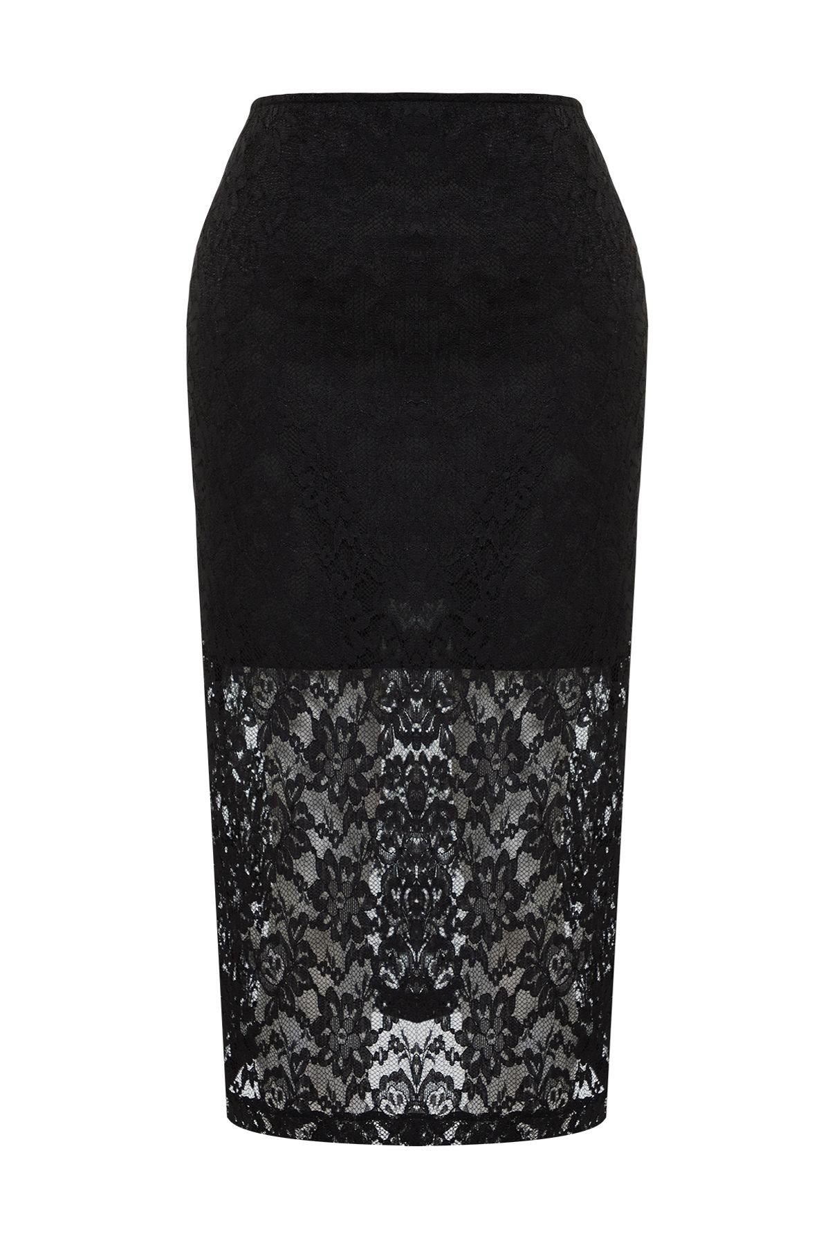 Black Liner Detailed Lace Midi Length Woven Skirt Twoss24et00099