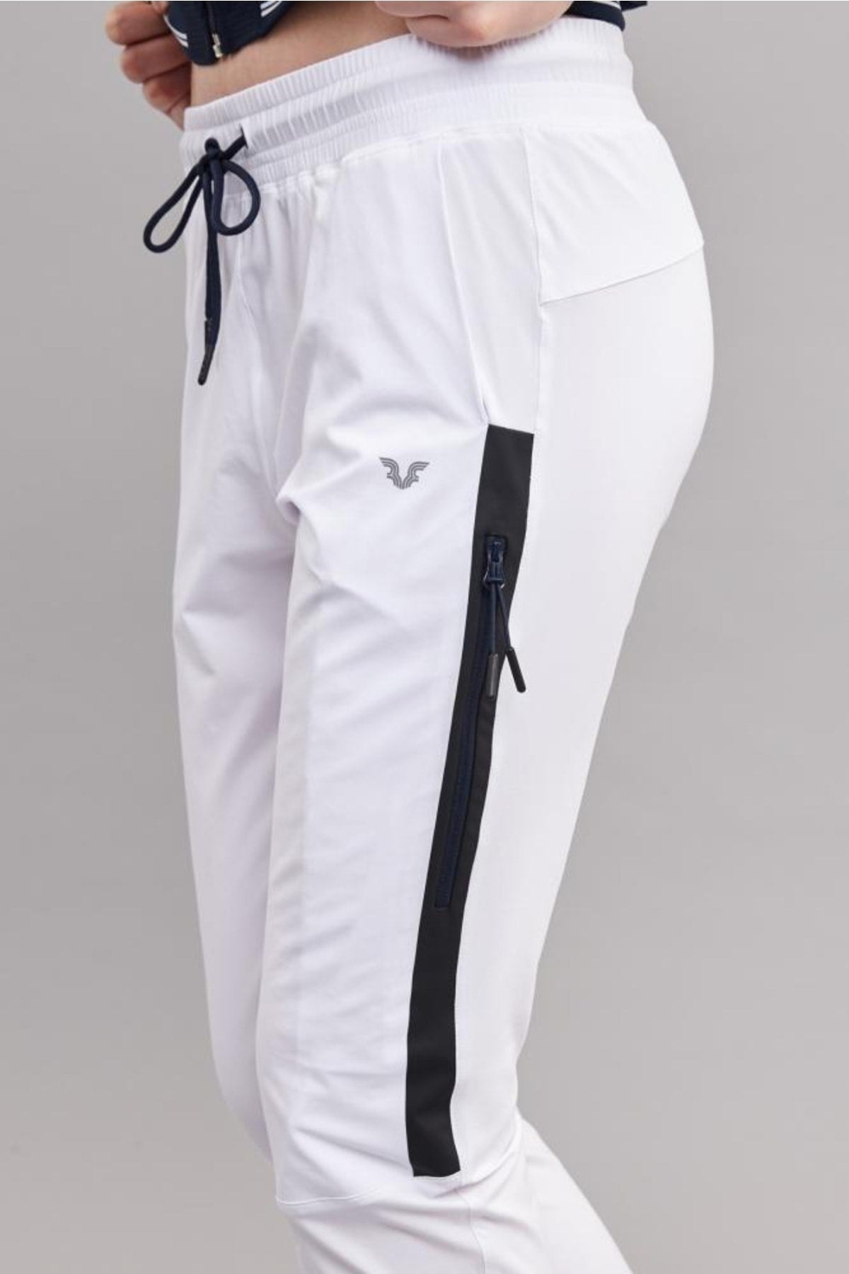 Women's White Woven Lycra Slim Bi-strech Solid Color Pockets Ribana Leg Sports Casual Sweatpants 352