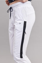 Women's White Woven Lycra Slim Bi-strech Solid Color Pockets Ribana Leg Sports Casual Sweatpants 352