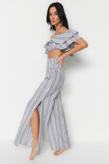 Grey Striped Woven Ruffle Blouse Pants Suit Tbess21au0305