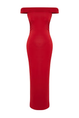 Red Maxi Body Sitting Carmen Collar Flexible Knitted Maxi Pencil Dress Twoss24el00254