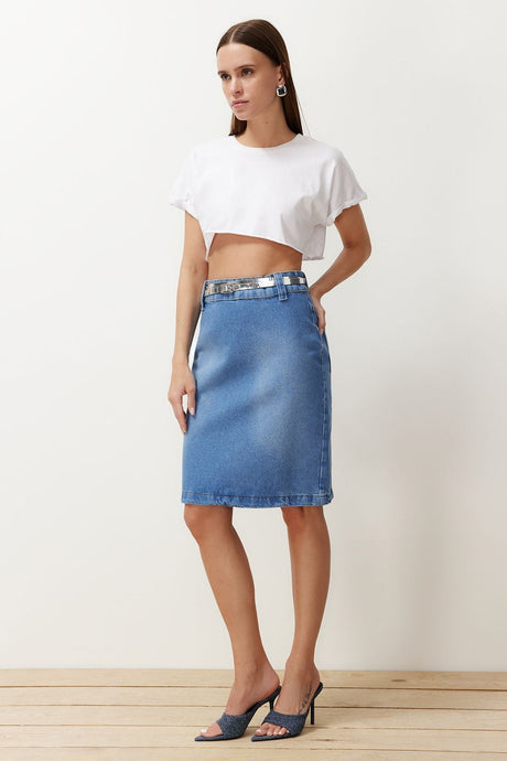 Blue Slit Midi Denim Skirt Twoss24et00189