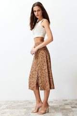 Tile Slit Detailed Floral Pattern Viscose Fabric Midi Woven Skirt Twoss20et0230