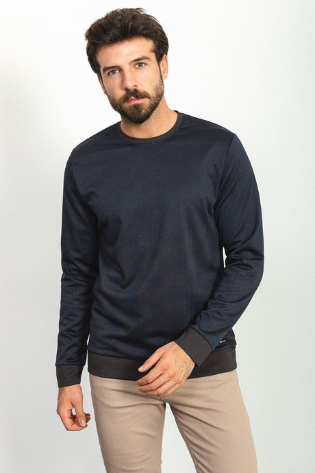 Track Pattern Navy Blue Color Slim Fit Bike Collar Long Sleeve Men's T-shirt 36751.22k