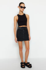 Black Accessory Detailed Mini Regular Waist Denim Skirt Twoss24et00013