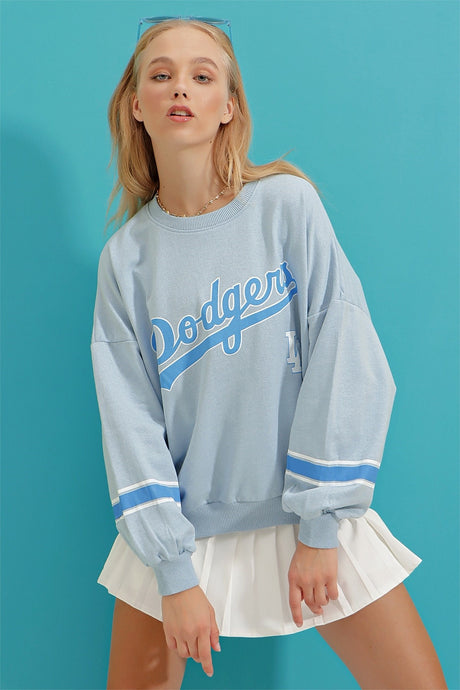 Women's Sky Blue Crew Neck Dodgers Printed Sleeve Striped Sweatshirt Alc-x8960