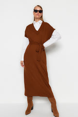 Dark Brown Belted Long Knit Sweater Dress Tctaw24uv00020