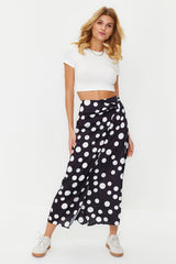 Black Polka Dot Slit Detailed Satin Maxi Length Woven Skirt Twoss24et00005