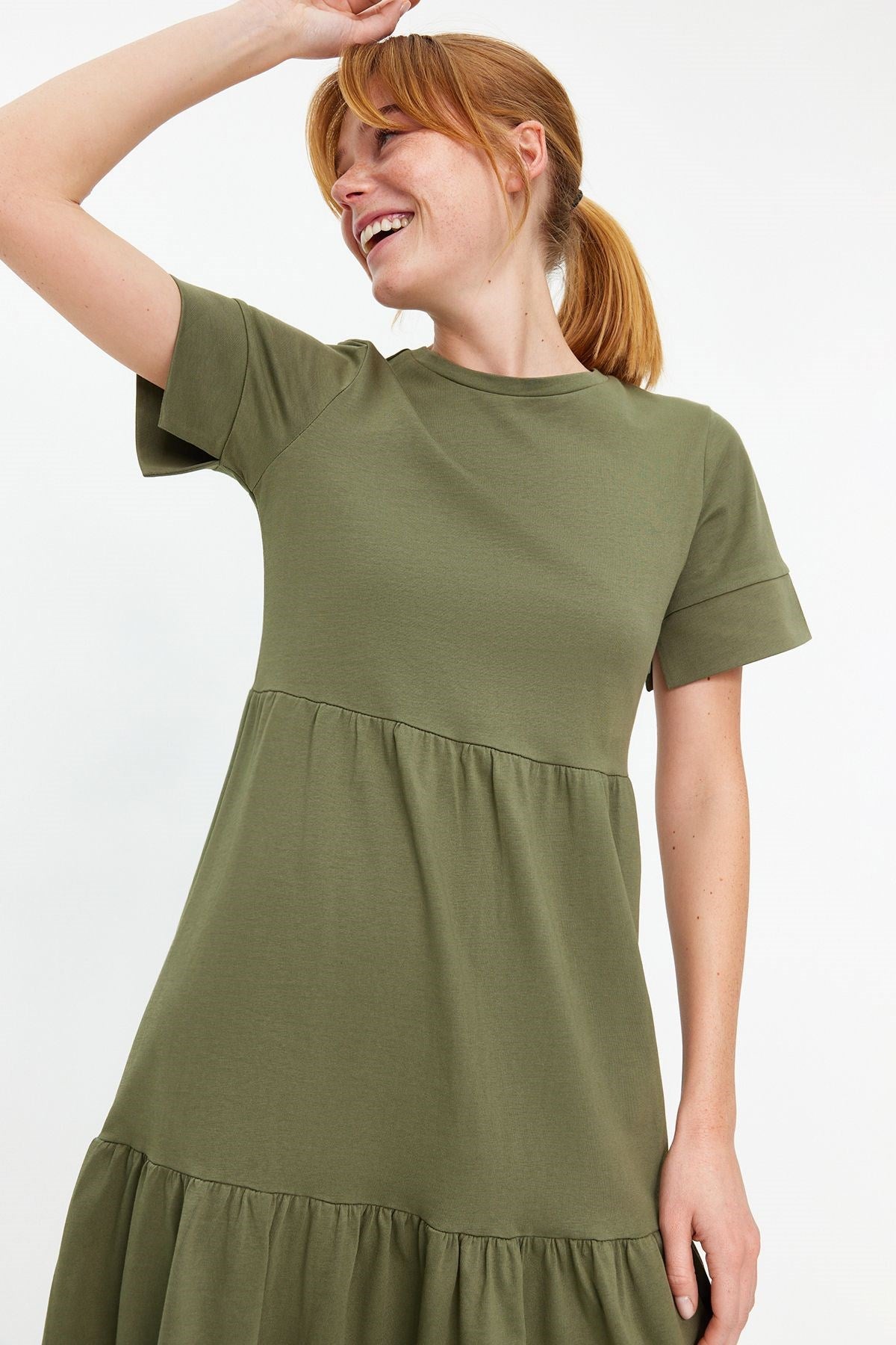 Khaki Ruffle Short Sleeve Knitted Maxi Dress Twoss24el00132