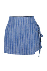 Blue Woven Tie Linen Blend Shorts Skirt Tbess23sr00044