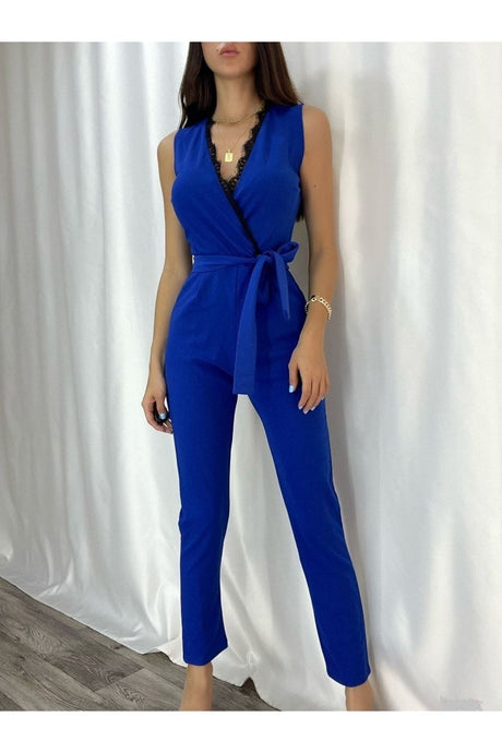 Black Stretch Fabric Double-breasted Collar Belt Detailed Pocketed Evening Dress Jumpsuit Md90589 65