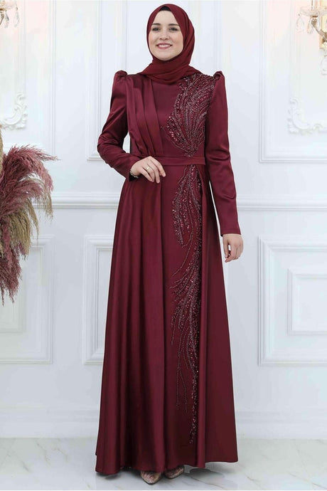 Women's Burgundy Sequin Embroidered Pleated Detailed Evening Dress T 9453 23yabltr9453