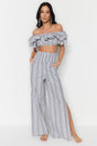 Grey Striped Woven Ruffle Blouse Pants Suit Tbess21au0305