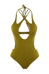 Khaki Halter Collar Cut Out/windowed Regular Leg Swimsuit Tbess23ma00042