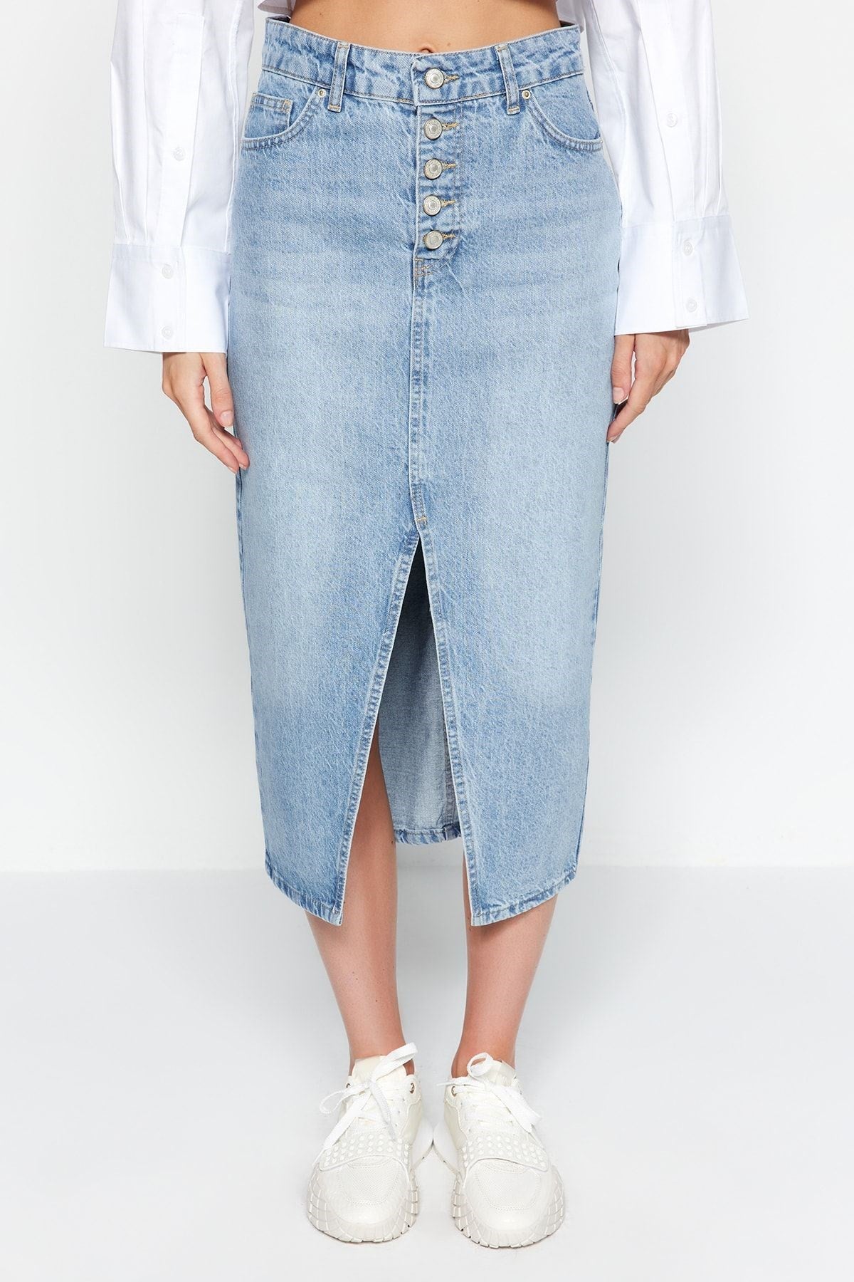 Blue Front Buttoned Slit Midi Denim Skirt Twoaw24et00063