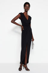 Black Detailed Long Night Evening Dress Tprss22ae0034