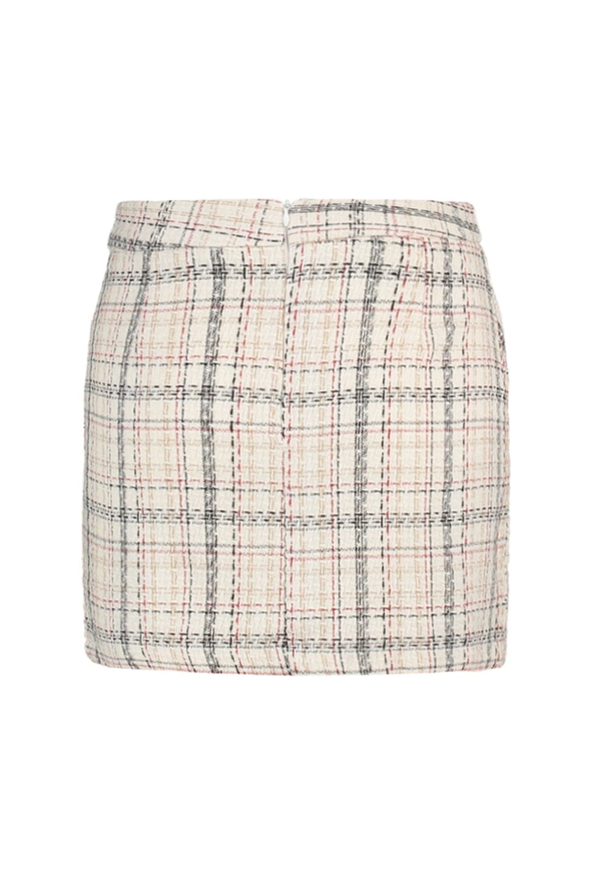 Ecru Plaid Pattern Tweed Fabric Mini Woven Skirt Twoaw23et00066