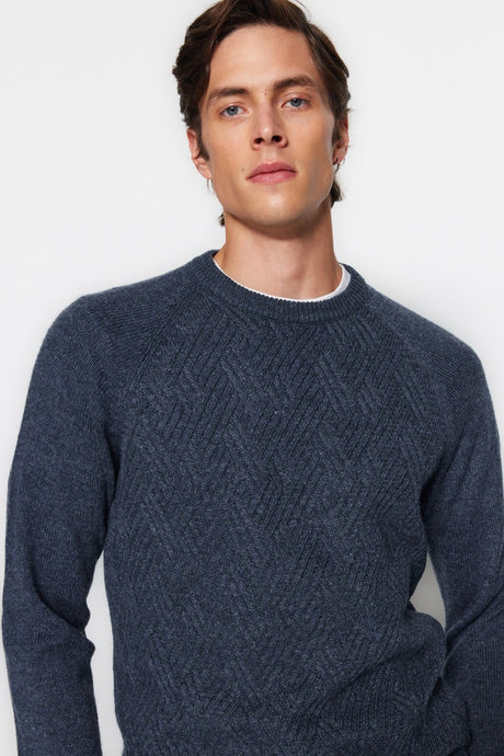 Grey Men's Slim Fit Crew Neck Raglan Sleeve Textured Wool Blended Knitwear Sweater Tmnaw22kz0290