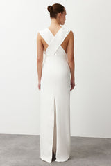 White Deep V Neck Woven Long Elegant Evening Dress Tprss24ae00147