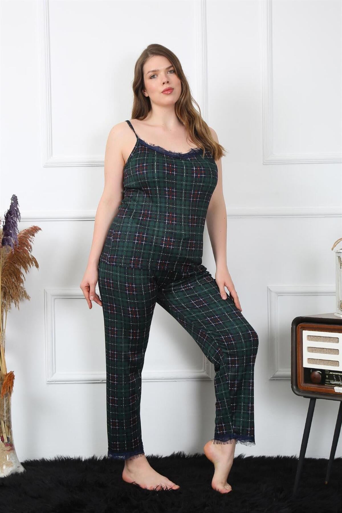 Women's Plus Size Red Plaid Rope Strap Sleepwear Set 202197