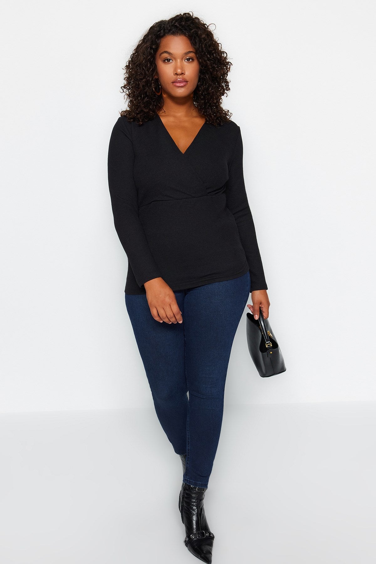 Black Double-breasted Plain Double-breasted Ruffle Knitted Plus Size Blouse Tbbaw24af00031