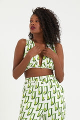 Women's Green Button Detailed Printed Fabric Crop Top Lg-oz282-ddb