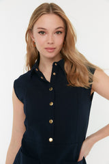 Navy Blue Straight Cut Pocket Shirt Collar Linen Look Mini Woven Dress Twoss22el1068