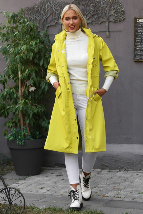 Women's Khaki Hooded Long Sleeve Pocket Lined Ruffle Midi Oversize Casual Woven Trench Coat M1021060