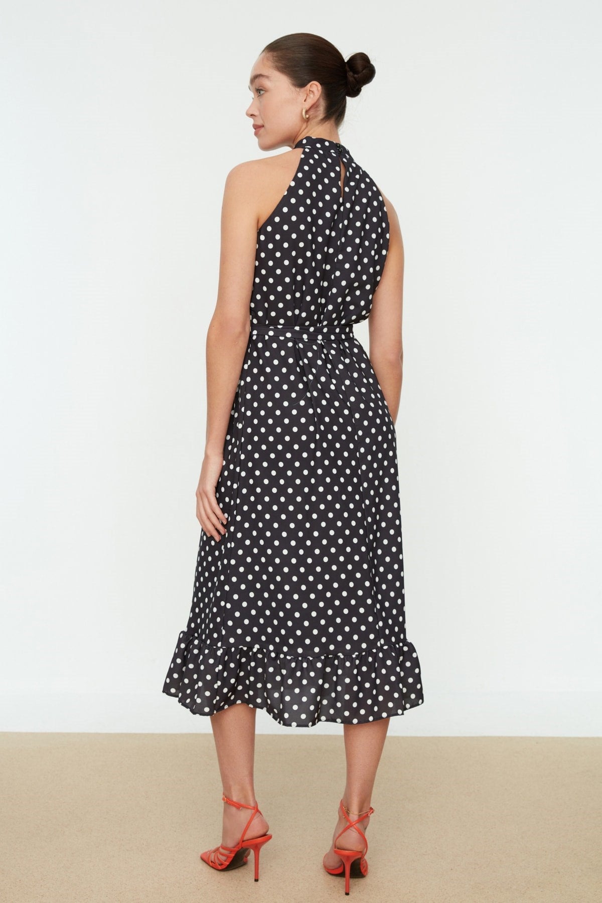 Black Belted Polka Dot A Cut Midi Woven Dress Twoss19yd0032