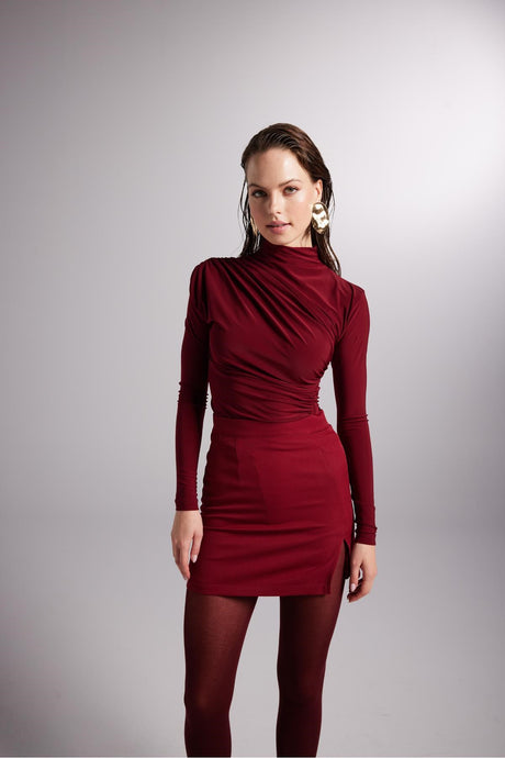 Drape Detailed Turtleneck Fables Blouse Burgundy Hlfw24-00032