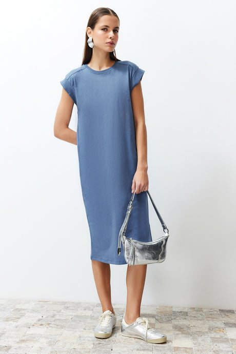 Indigo Plain T-shirt Dress 100% Cotton Moon Sleeve Shift/casual Cut Midi Midi Dress Twoss24el00126