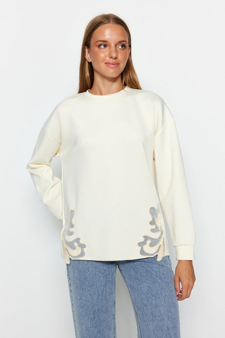 Ecru Lace Detailed Diver/scuba Knitted Sweatshirt Tctaw24tw00008