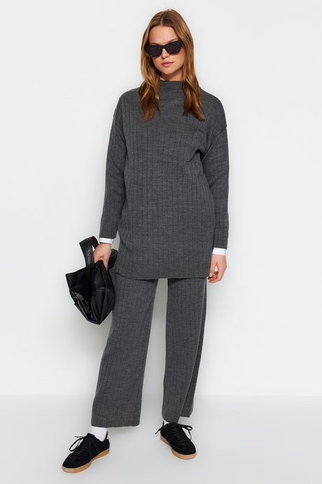 Blue Half Turtleneck Ribbed Sweatshirt-pants Knitwear Suit Tctaw22us0101