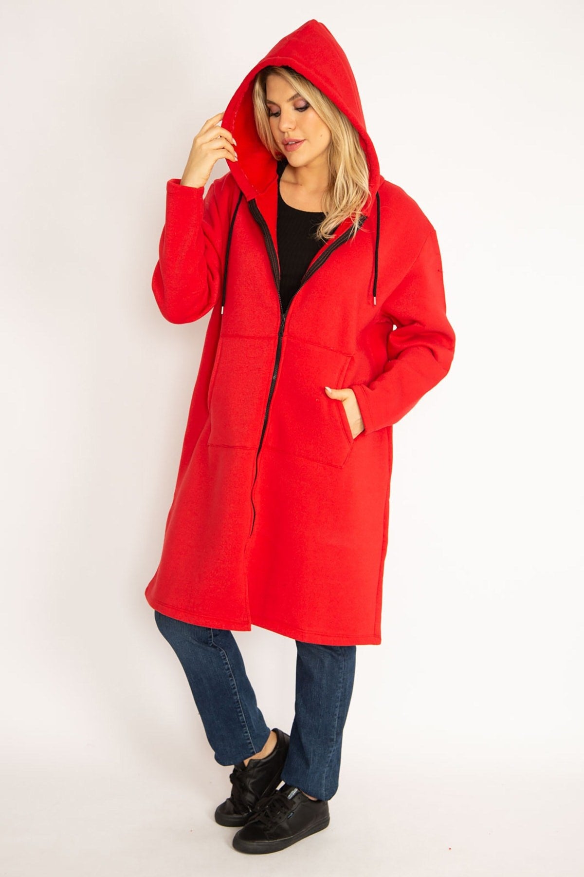 Women's Plus Size Red Inside Charcoal Fleece Fabric Front Zipper Kangaroo Pocket Hooded Coat 65n3465