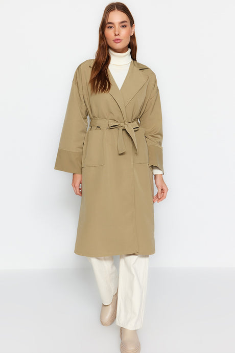 Beige Oversize Wide Cut Belted Sleeve Detailed Pockets Water Repellent Long Trench Coat Twoaw24tr000