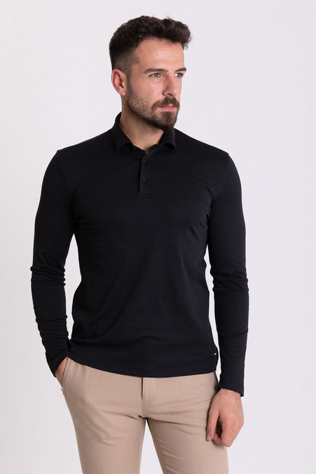 Solid Navy Color Slim Fit Long Sleeve Polo Collar Men's T-shirt 36672.21k