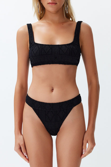 Black Bralet Textured Brazilian Bikini Set Tbess24bt00083