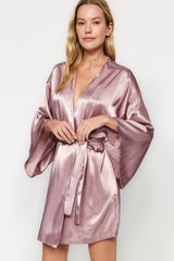 Black Belted Satin Woven Dressing Gown Thmaw23sb00011